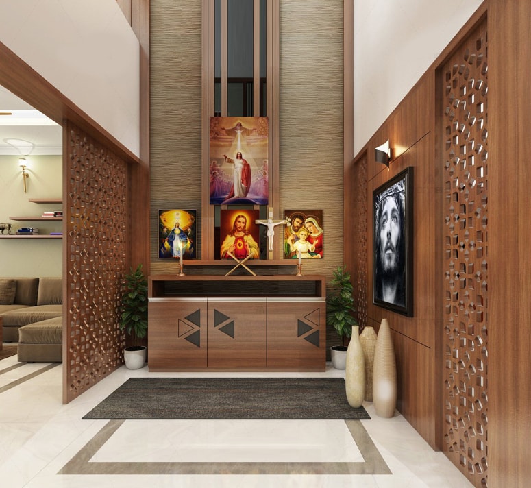 Thiết kế thi công ban thờ chúa kết hợp với vách phòng khách đẹp tại Hải Phòng